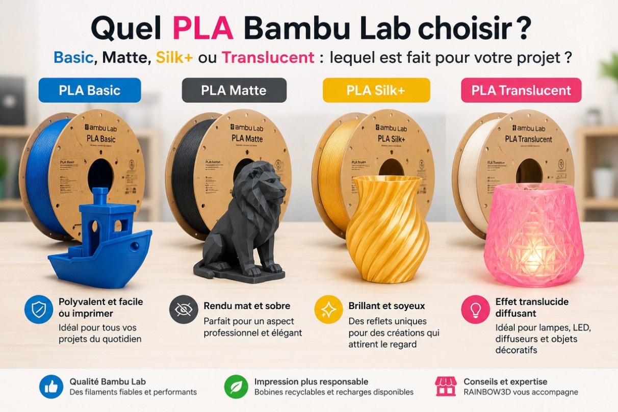 PLA Basic, PLA Matte, PLA Silk+ ou PLA Translucent Bambu Lab : lequel choisir ?