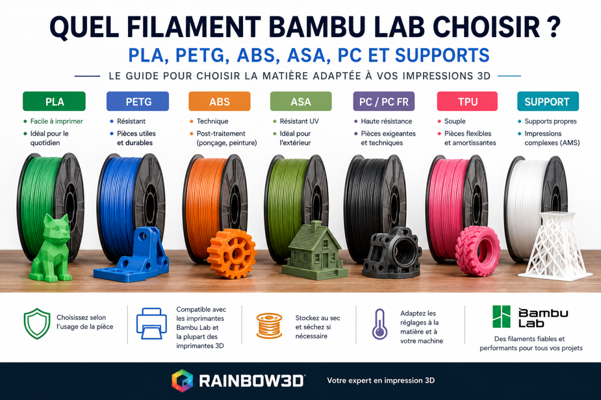 Quel filament Bambu Lab choisir ? PLA, PETG, ABS, ASA, PC et supports